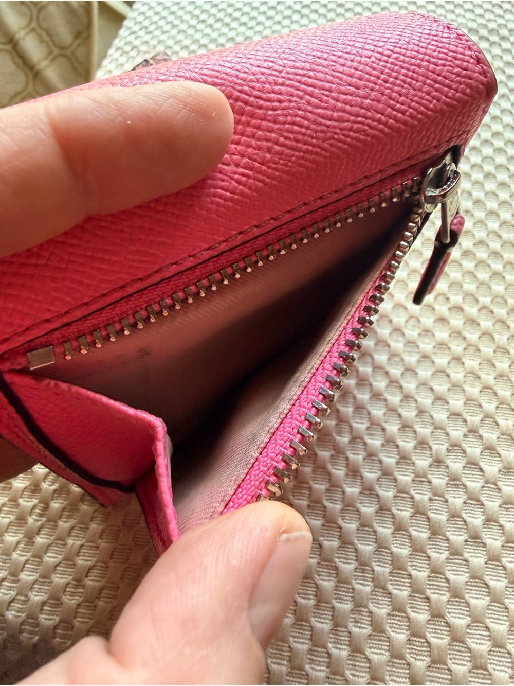 COACH Pink Textured Leather Trifold Wallet with Silver Logo - Picture 9 of 10